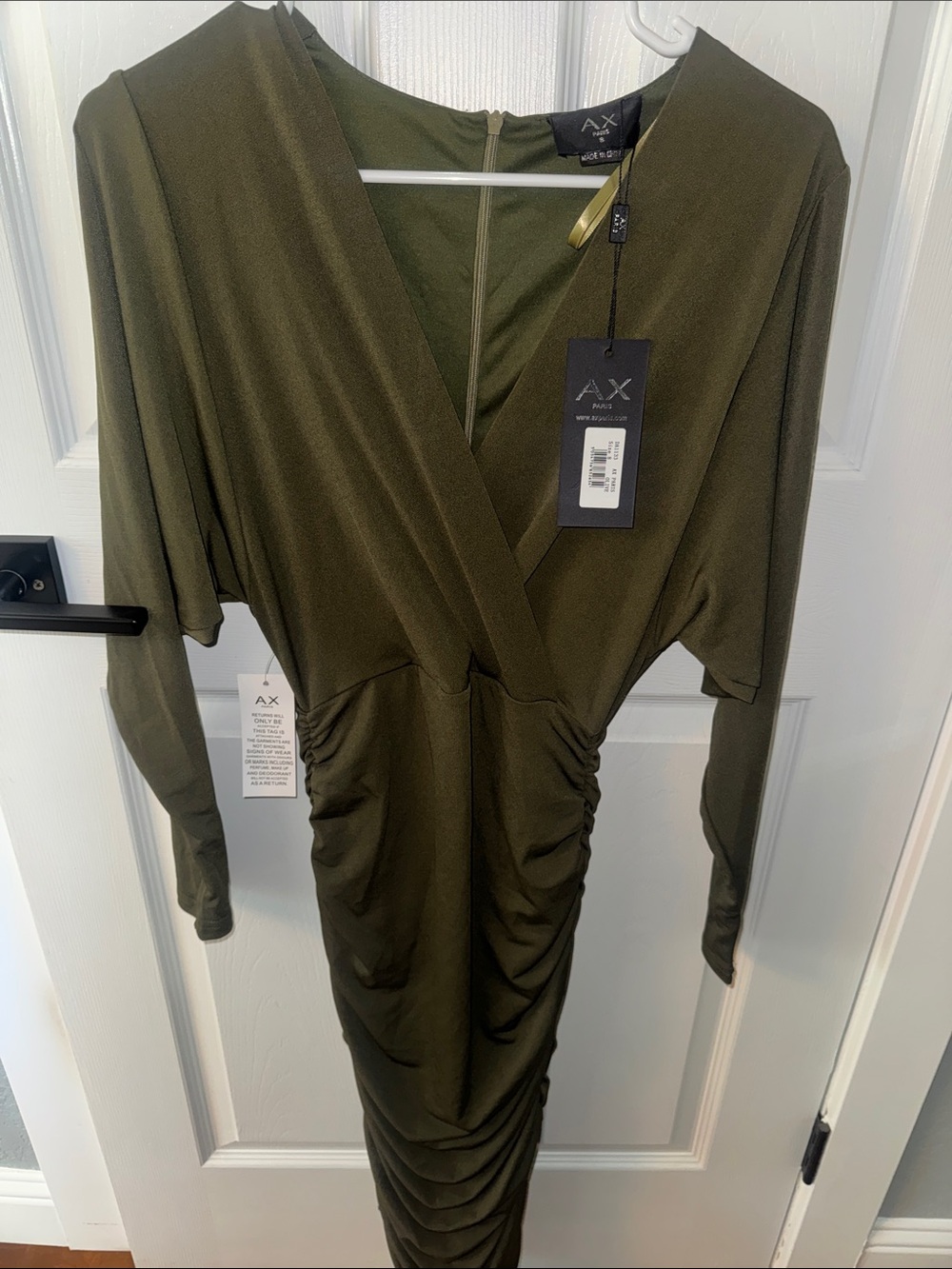 AX Paris Olive Wrap-Front Ruched Long Sleeve Dress
